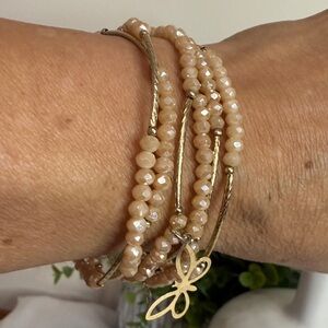 Beautiful Stackable Beige Faceted Crystal Beads with Gold-Tone Charms - Set of 6